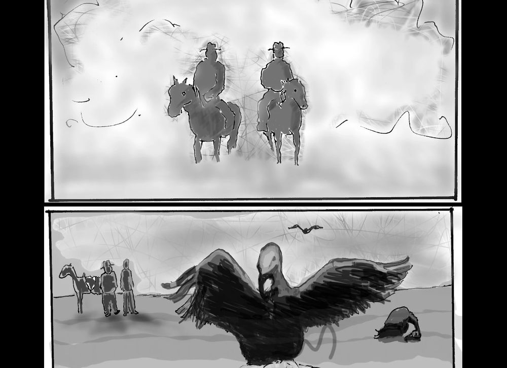 This is a two panel excerpt from a comic book. It hasn't been lettered yet so there aren't any words. The first panel (full width horizontal, 1/3 height) depicts two figures writing horses emerging from a cloud of dust. The second panel (fill width horizontal, 1/3 height) depicts a large buzzard in the foreground and the figures from the first panel small in the background. 