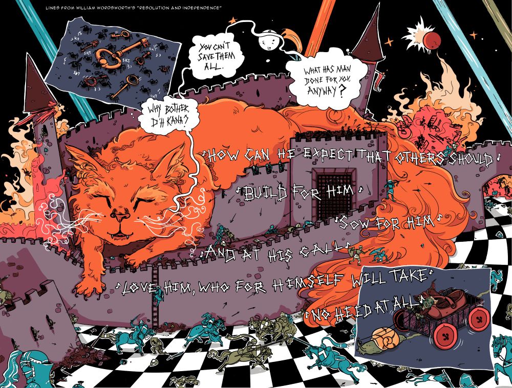 This is a two-page spread from a comic book depicting a huge orange cat sprawled over a little castle with tiny knights running amok. The thought bubbles read "Why Bother D'h Khana? / You can't save them all / What has man done for you anyway?" Additional text quotes lines from Wordsworth's Resolution and Independence - "How can he expect that others should / build for him / sow for him/ and at his call / love him, who for himself will take no heed at all" 