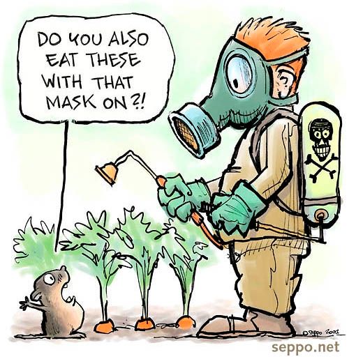 Vole in the carden asks human with a mask and pesticide sprayer, "do you also eat these carrots with that mask on?"