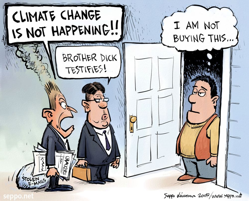 Buy Nothing Day Cartoon: 
Couple of Climate change denialists go selling their lies from door to door – a man they are talking to thinks: "I am not buying this..." 