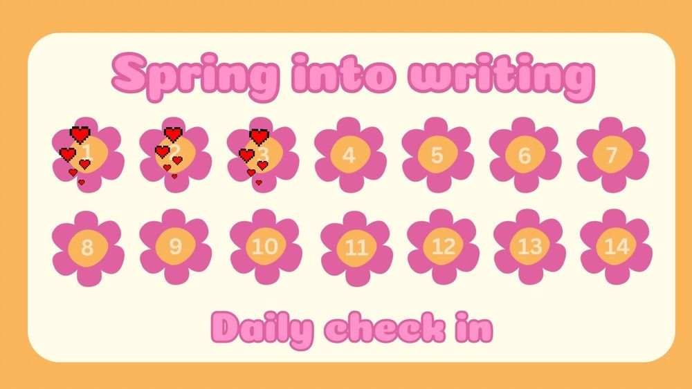 writing card for the ff writing challenge. both day one, two and three have been marked with a sticker that resembles a cluster of five hearts that go from slightly bigger at the top to slightly smaller at the bottom