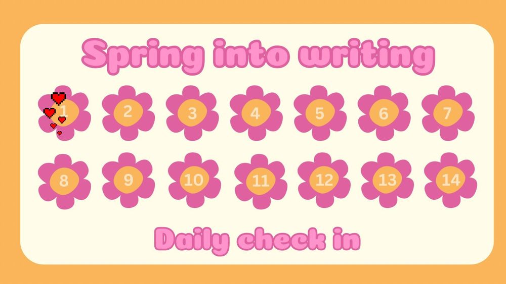 writing card for the ff writing challenge. day one has been marked with an sticker that resembles a cluster of five red hearts that to from big to small