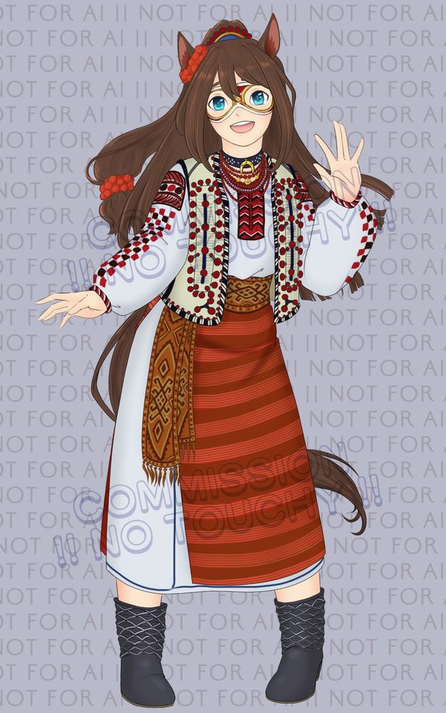 Art of the character El Condor Pasa from Umamusume dressed in Ukrainian national attire from the Hutsul region