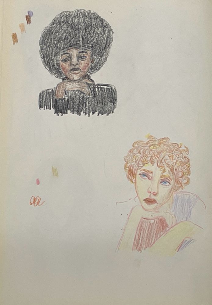 Two crayon portraits. One of a Black woman with an Afro in the top left and another of an androgynous White man in the bottom right.