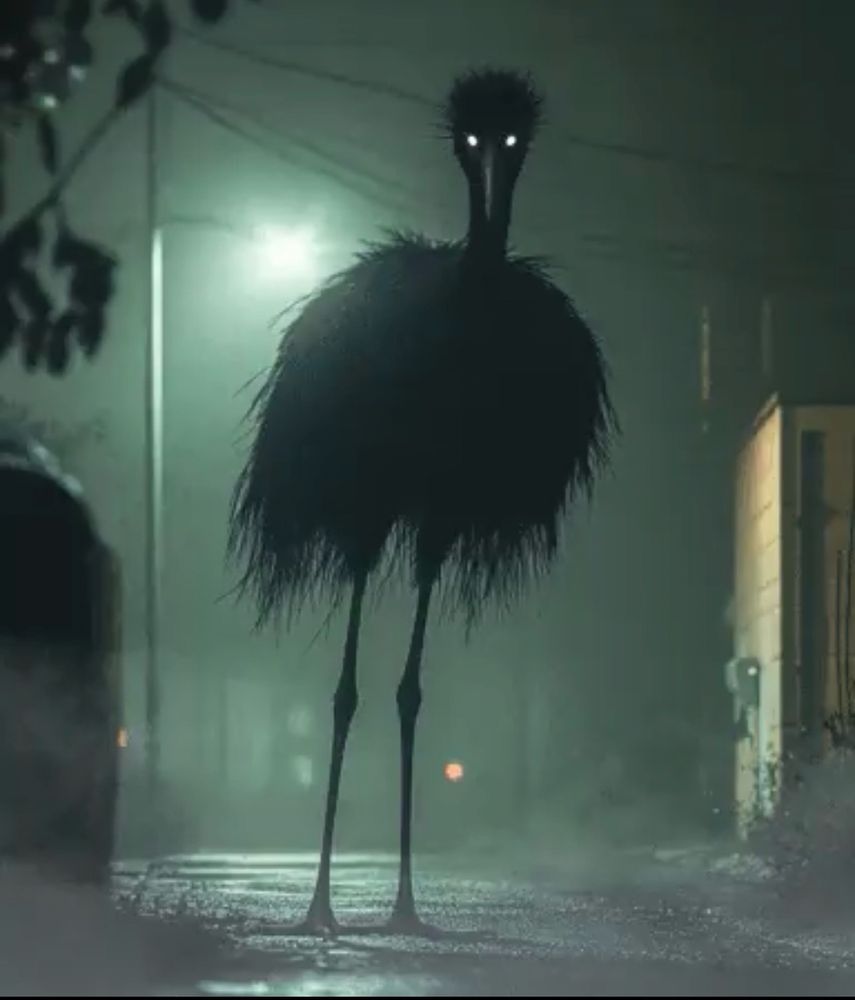 Image of a pantless thunder goose with glowing eyes and a dark, misty city setting