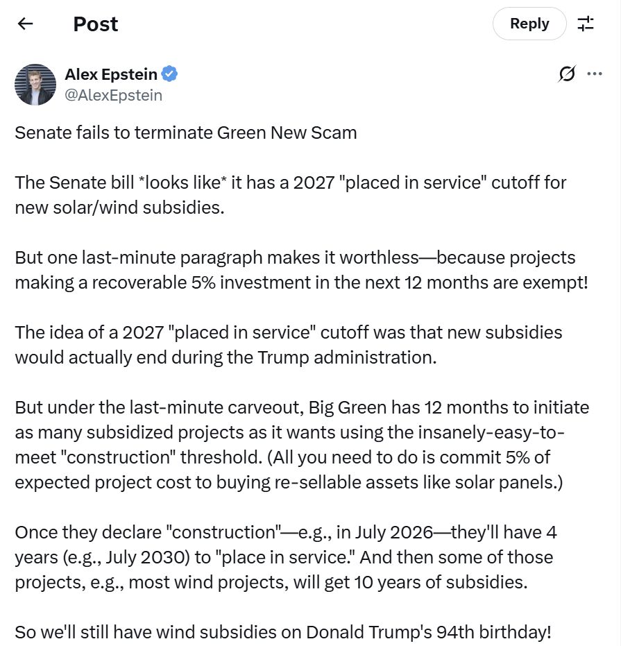Alex Epstein bitching about how the new bill doesn't really repeal IRA clean energy credits