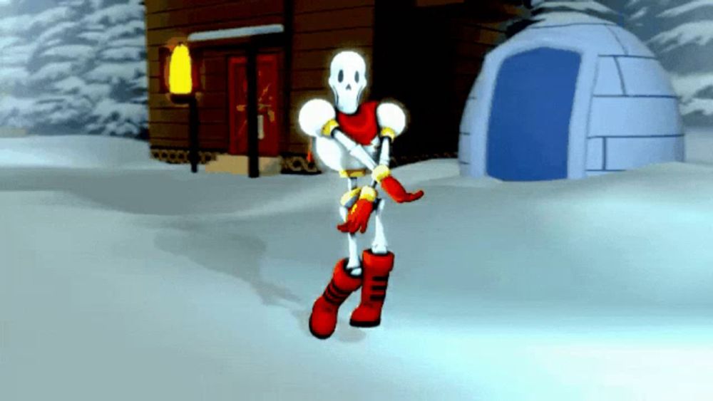 a cartoon of a skeleton standing in the snow