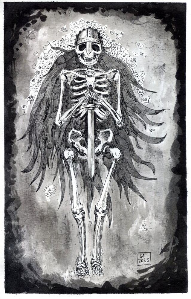 Drawing of a skeleton of a female warrior in her grave with a sword and a helmet. Flowers surrounds her