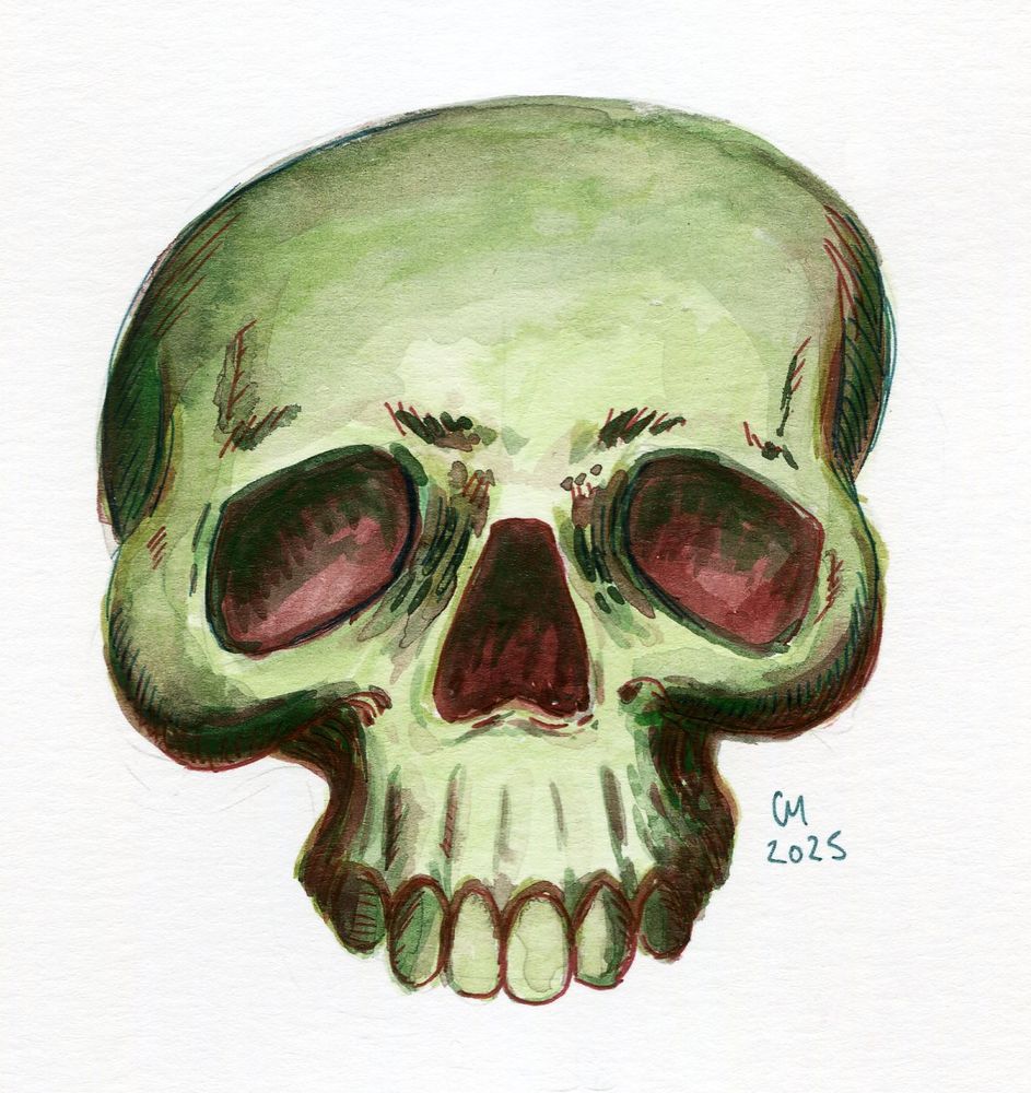 Acrylic ink and gel pen painting of a skull in muted green