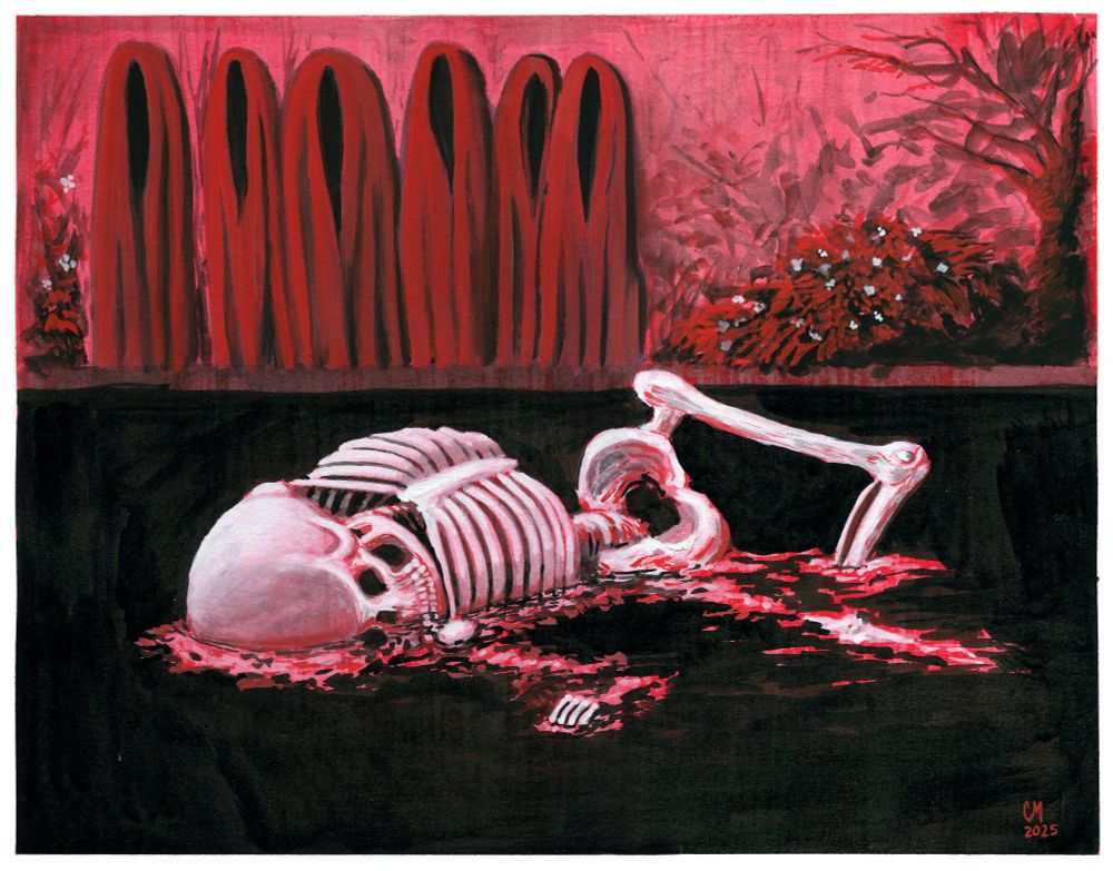 Painting of a skeleton drowning in shallow water. Some hooded figures watch from the shore