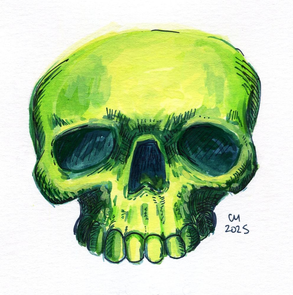 Acrylic ink and gel pen painting of a skull in bright green
