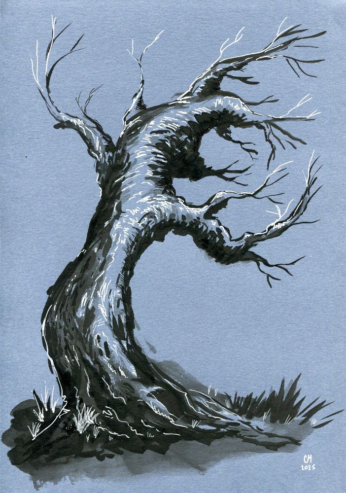 Painting of a tree on blue toned paper 