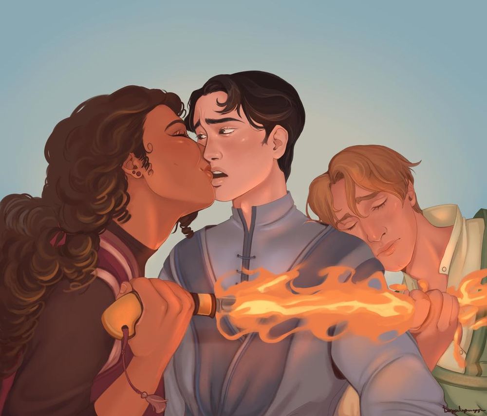 Ilustração com Morena, Ivan e Aleksey. Morena está em primeiro plano, dando um beijo no canto da boca de Ivan, que está com uma expressão um pouco surpresa. Mais atrás, Aleksey está com a cabeça encostada nas costas de Ivan com os olhos fechados, numa postura tenra. Morena tem uma espada de fogo que meio que "prende" Ivan no lugar e Aleksey a segura do outro lado. A descrição dos personagens: Morena é uma mulher de cabelo castanho cacheado e pele marrom, com uma roupa rosa/vermelha com uma blusa marrom por dentro; Ivan é um homem amarelo, de cabelo preto liso e curto, com a pele clara, vestindo um uniforme semelhante ao de Morena, mas azul; Aleksey é um homem branco com o cabelo castanho claro/loiro, com o mesmo uniforme só que em verde. A ilustração é de doppelganggr (http://instagram.com/doppelganggr)