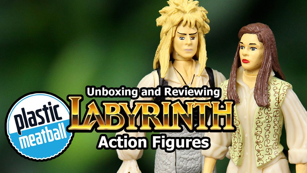 A thumbnail for a Youtube Video. Two action figures from Plastic Meatball's Labyrinth line are visible, next to the words "Unboxing and Reviewing Plastic Meatball's Labyrinth Action Figures. 