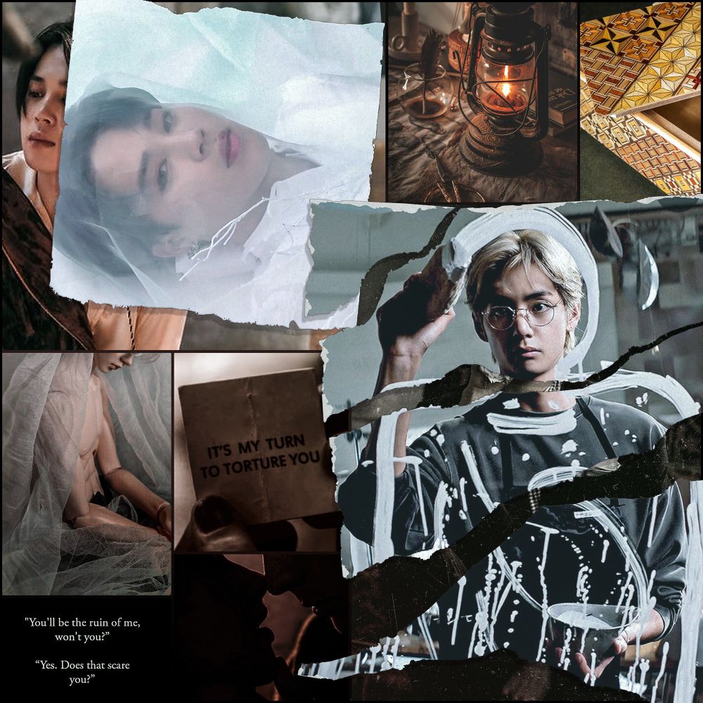Moodboard in hues of orange and yellow. It features an antique lantern, a Japanese puzzle box, a ball jointed doll drapped in guaze and two men about to kiss. One square had a hand holding a note that reads "It's my turn to torture you." Another fully black square reads "You'll be the ruin of me, won't you?" "Yes. Does that scare you?" Park Jimin and Kim Taehyung from their respective Me, Myself and- photobooks as antiqued photos are overlayed with torn photo's of Jimin and Taehyung in shades of blue. 
