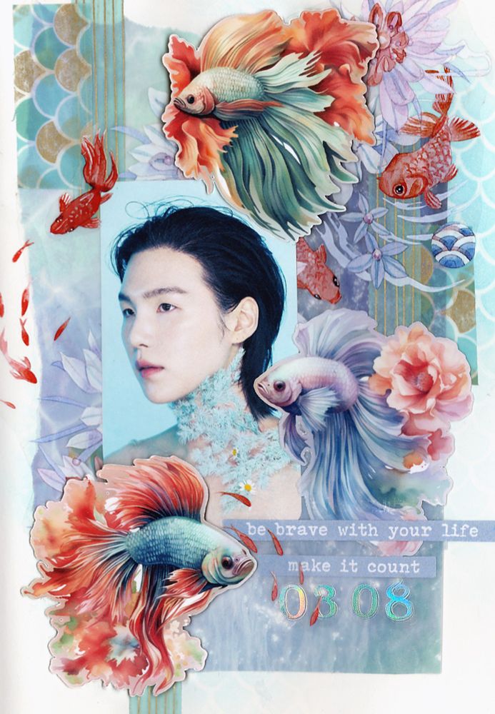 Journal page with Min Yoongi from his instagram modeling shoot in blue camomile flowers. It's decorated with matching koi fish and flowers. Betta fish are on a floating layer in the foreground. It reads "Be brave with your life. Make it count. 0308"