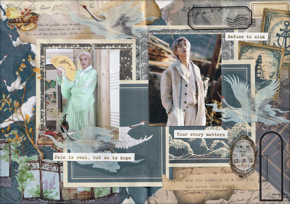 Two page journal style moodboard with a background of love letters and nautical stamps. It features Jung Hoseok in formal hanbok and Kim Namjoon from the ON mv. It's decorated with white cranes.  