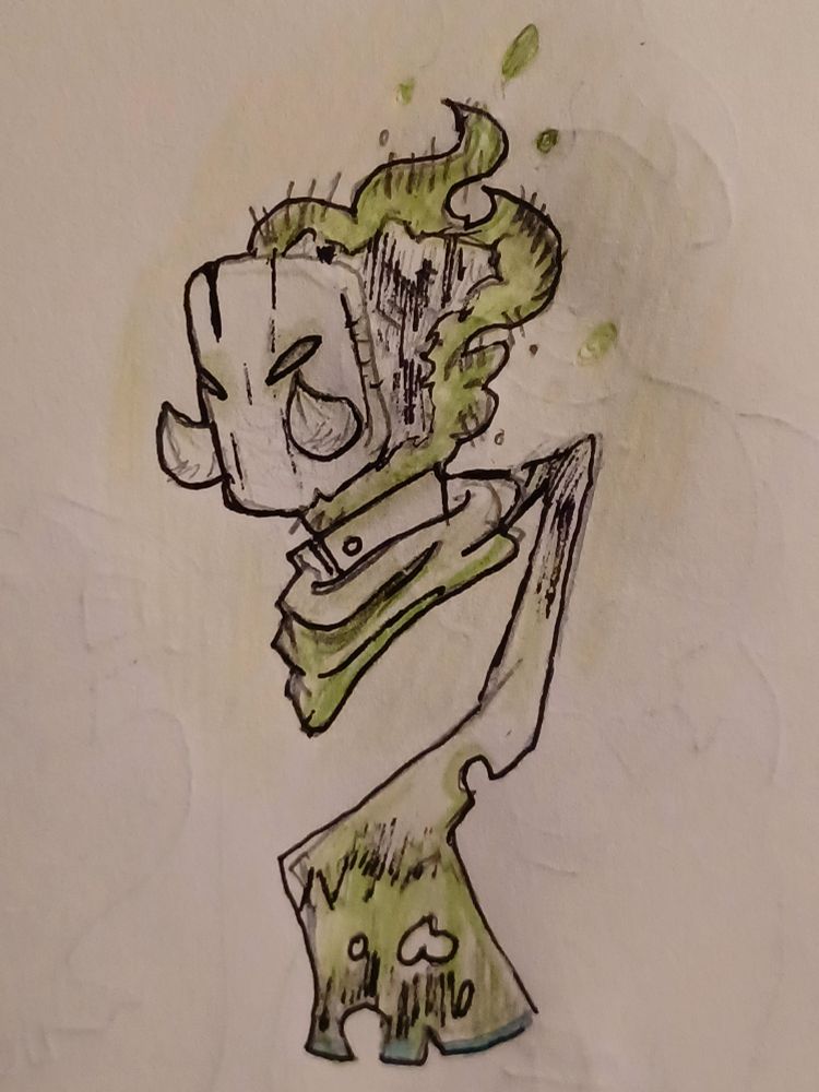a headshot of a ghostly rogue with a green flaming head, wearing a tusked wooden mask and long green scarf