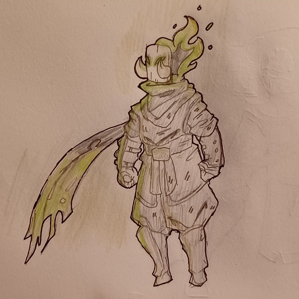 full body portrait of a green flaming headed shinobi in black vlothes with white mask and long scarf