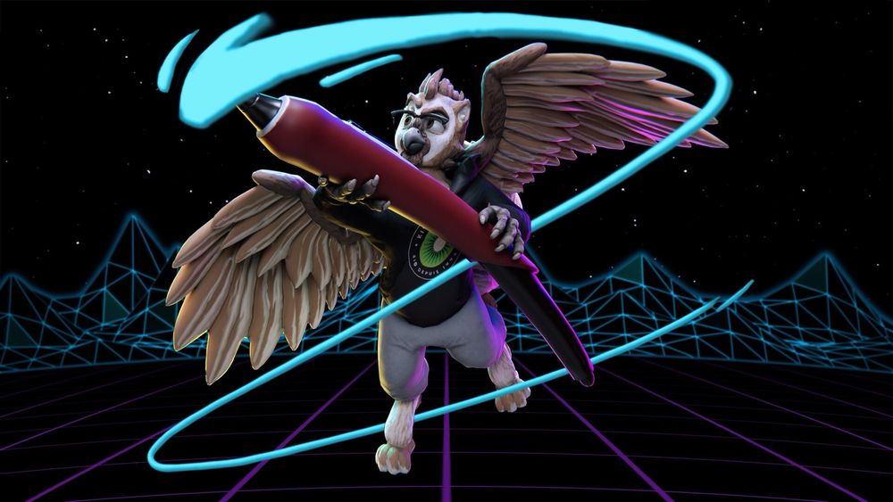 A griffin half cat half owl wearing a sweater and sweatpants paints a blue trail around himself in a vaporwave environment