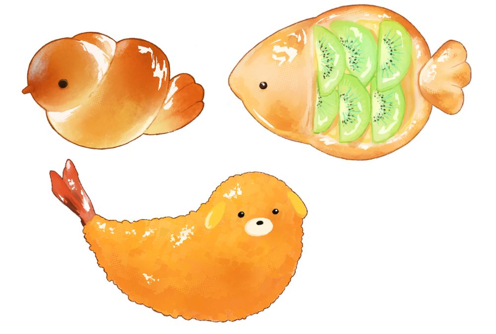 Three food pieces are showcased. On the left is a bread knot that is shaped like a bird with a peppercorn eye. On the right is a fish shaped pastry with slices of kiwi in its center. On the bottom is a golden fried piece of tempura with toppings to give it a dog-like appearance.