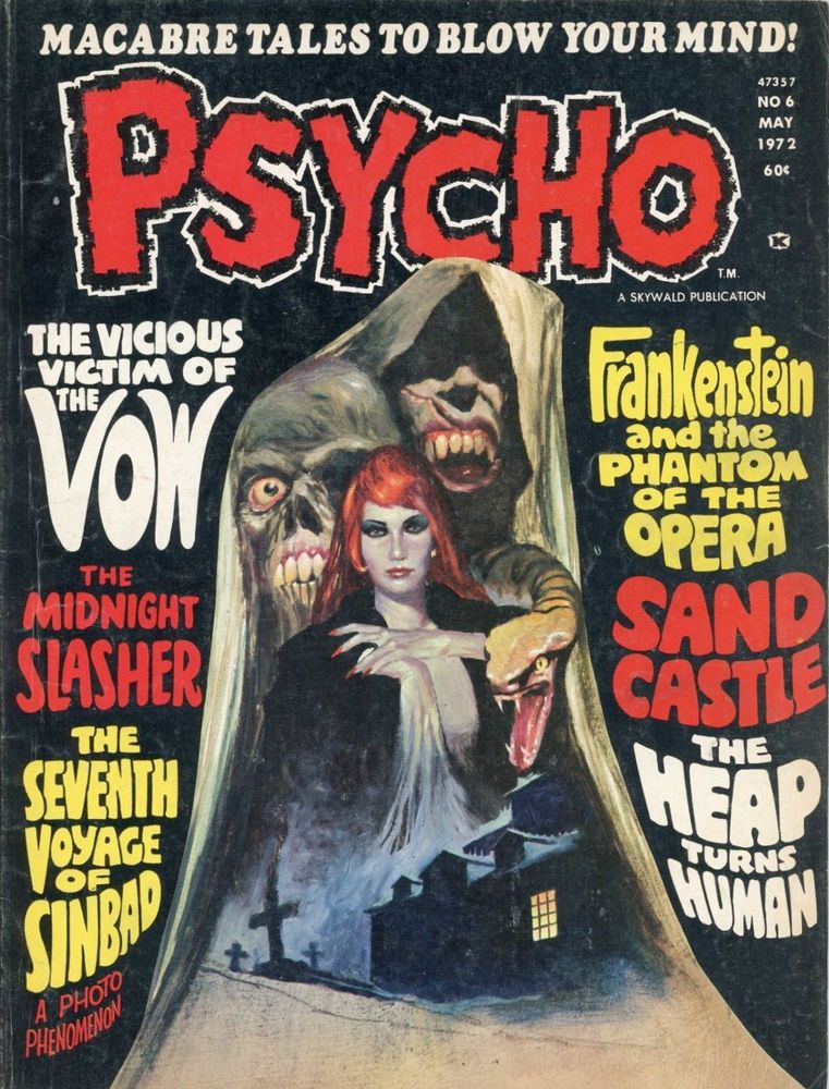 Horror comic book cover depicting a red-haired, white-skinned woman flanked by two gruesome monsters and a fanged snake. Where her clothes should be is a shadowy picture of a cemetery and spooky house.