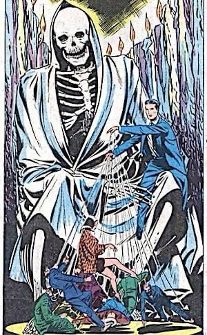 Comic depiction of a man in a blue suit being held by and balancing on the knee of a giant skeleton wearing a white hooded robe. The man in the suit is damaging several people from strings in his hand. 