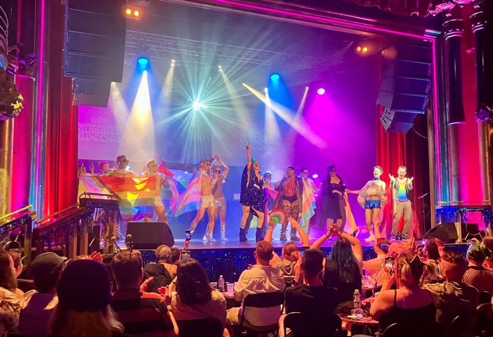 A group of joyful people on stage in all sorts of sparkly and revealing costumes.
They're waving various Pride flags and a Palestine flag