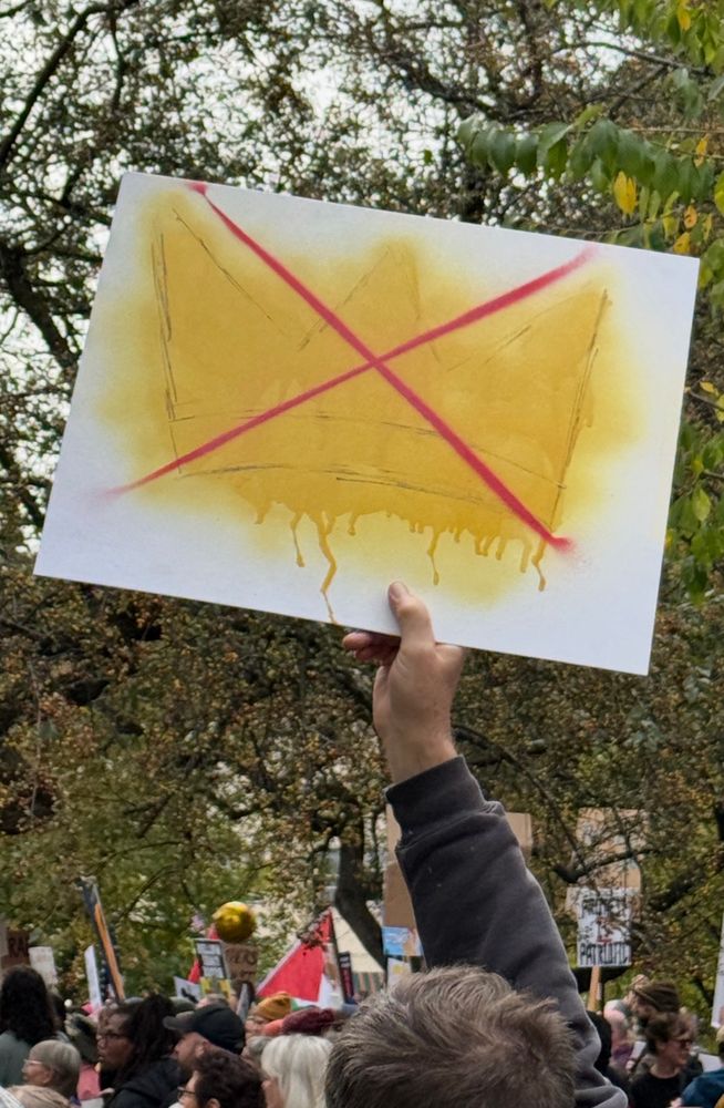 An upraised hand shows a handmade sign of a big red X over a sloppy yellow crown.
