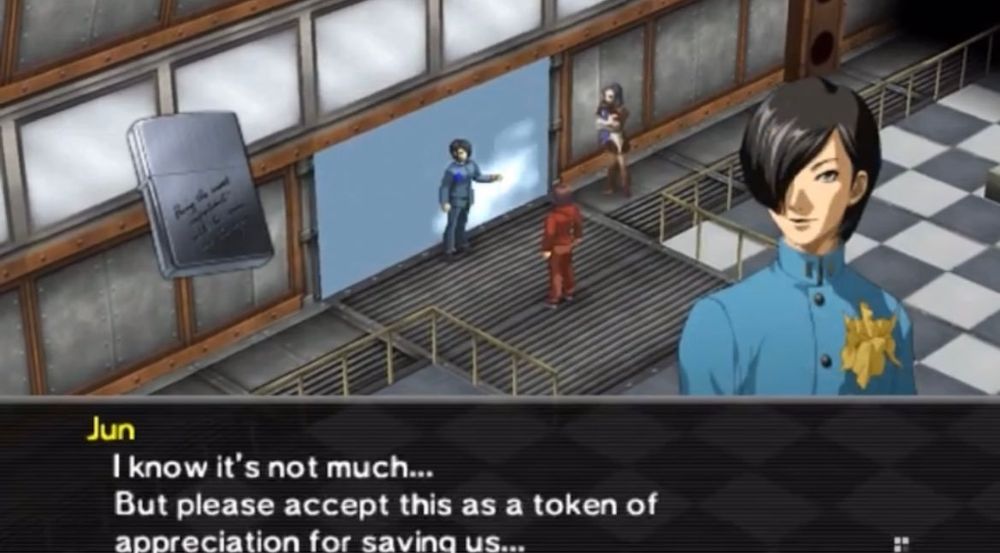 Jun: I know it's not much... But please accept this (engraved lighter) as a token of appreciation for saving us...