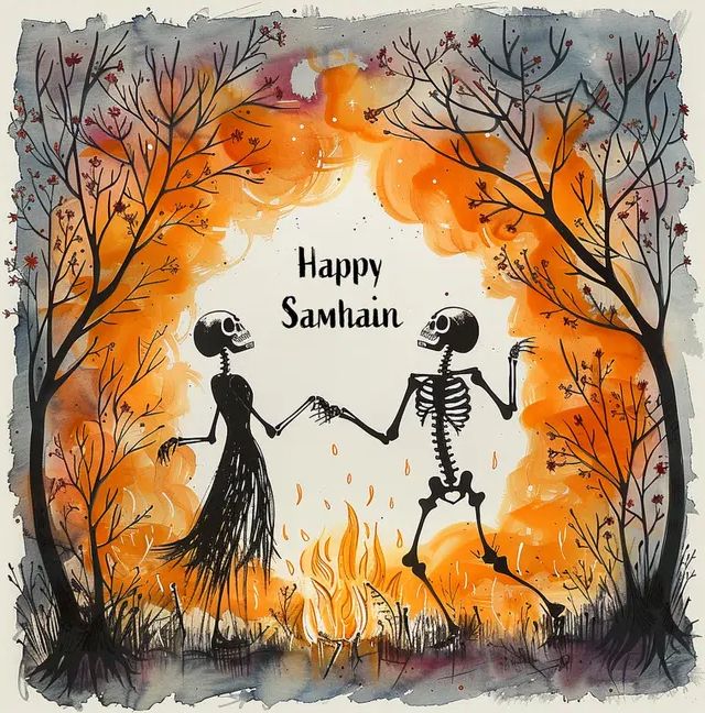 Two skeletons dance around a bonfire between two autumn trees
