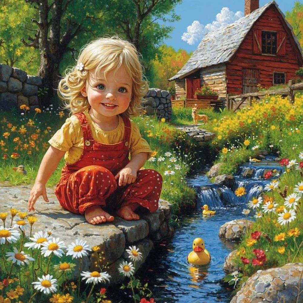 Computer generated art

Little blonde child by a stream with rubber duckies. 