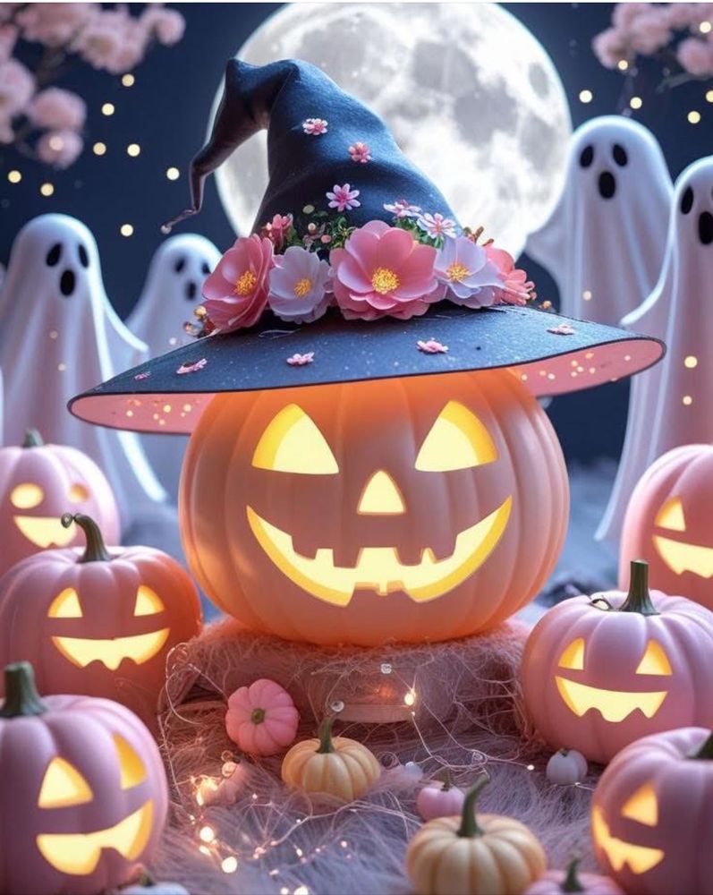 Lots of lit pumpkins. 