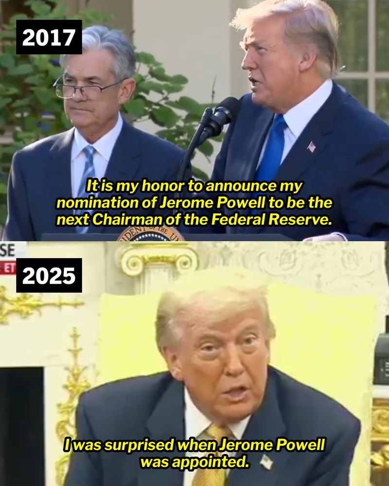 Two photos of Donald Trump. One from 2017 when he announced his appointment of Jerome Powell as chair of the Federal Reserve; in the second photo the caption is 