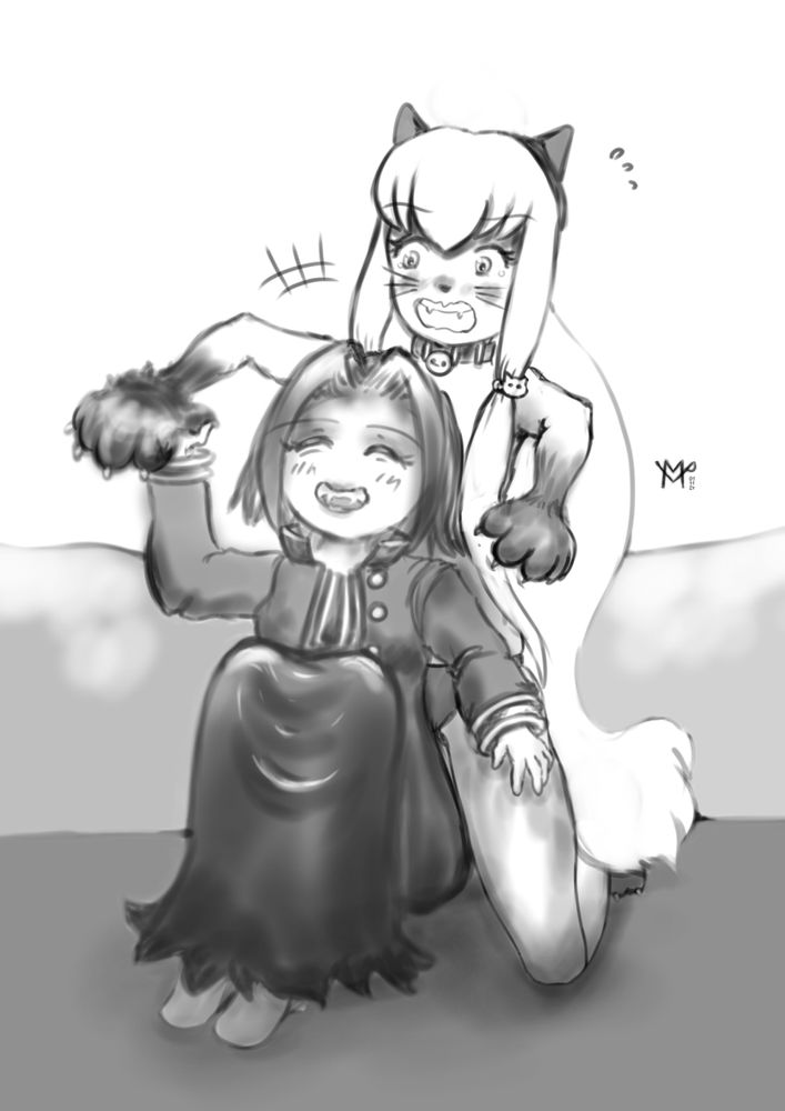 Two costumed girls, one of them is a cat, the other is a vampire.