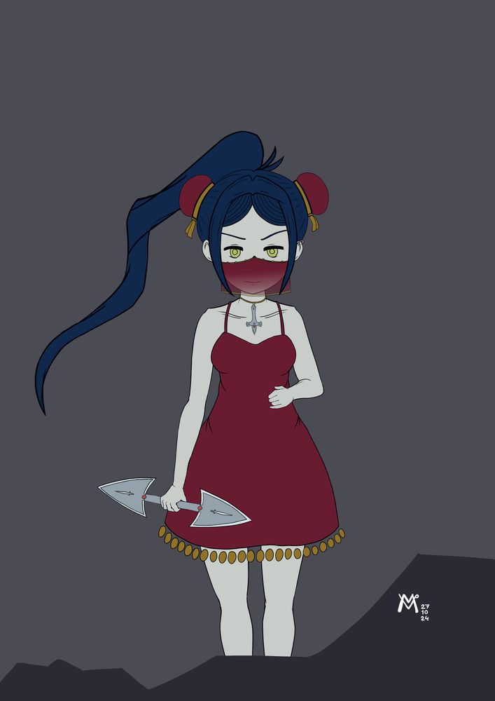 Red-dressed girl holding a short bladed tool.