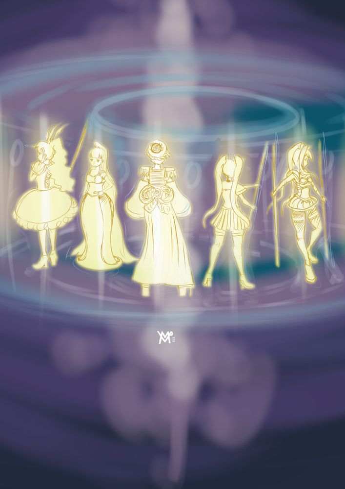 Five heroes wielding their chosen weapons.