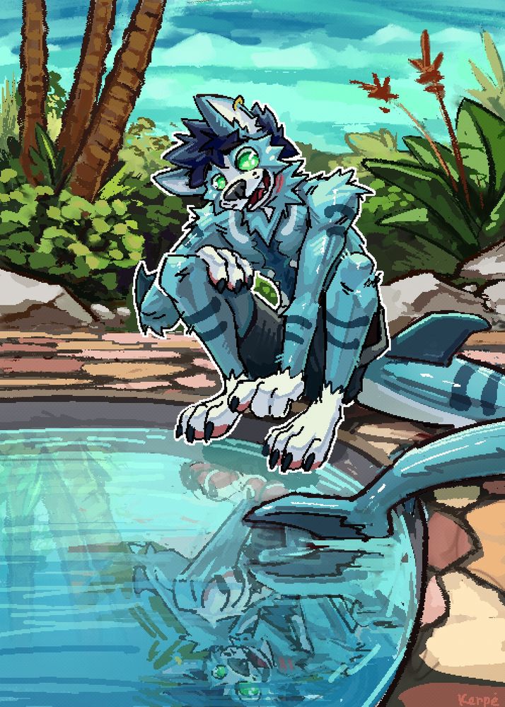 Digital painting of a Shark yeen squatting on the side of a pool, shark tail dipped in the water