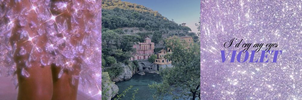 Taylor Swift “Elizabeth Taylor” banner. 3 photos.

A close up of skirt on a woman, showing only her upper legs. It’s sparkling.
A view from portofino italy
Sparkling purple background with lyrics “i’d cry my eyes violet”