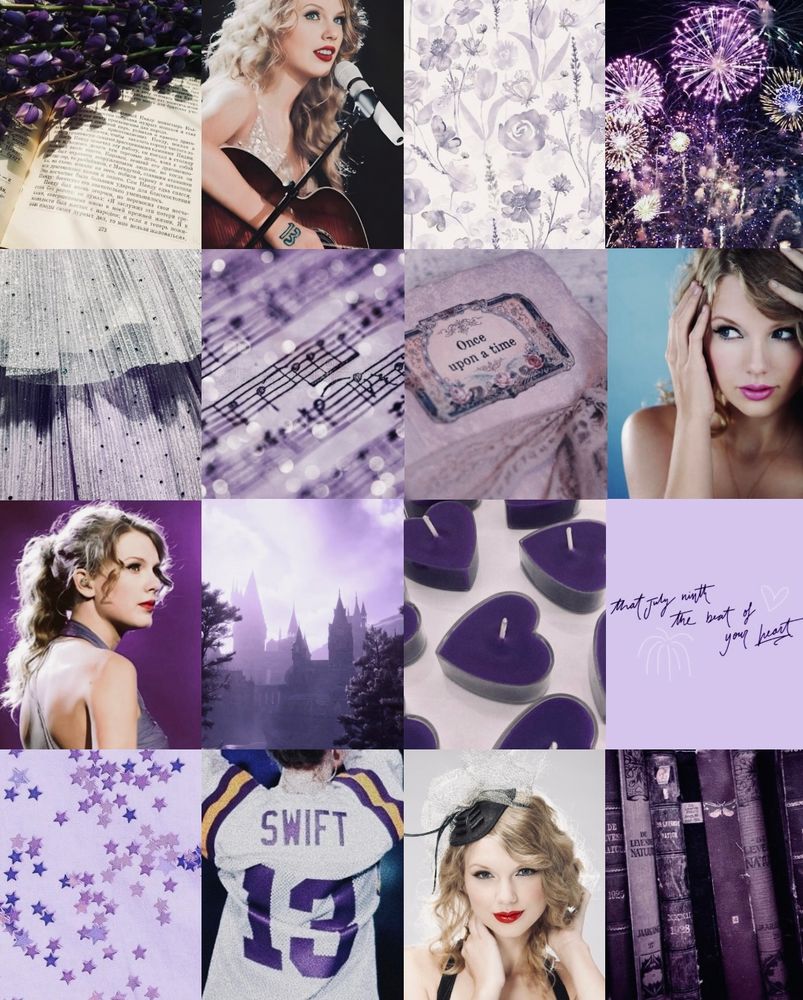 Taylor Swift speak now (2010) photoboard.

16 photos.

A book with purple flowers overtop.
Taylor sitting at a microphone in a silver dress, playing guitar
White and purple watercolour flowers
Purple fireworks
A super close up of the skirt on the cupcake dress from the eras tour
Sheet of music notes tinted purple
A vintage book cover that says “once upon a time”
A close up of Taylor with bright pink lipstick, her hands on her head
Taylor on stage in a purple dress, her hair in a ponytail. She’s looking off to the side.
A castle through the fog, tinted purple
Purple heart-shaped candles
Purple background with dark purple words “that July ninth the beat of your heart”
Purple background with shiny purple stars
The back of a jersey Taylor wore. In purple is has the number 13 and “SWIFT”
Taylor in a black dress with a black and white lace headpiece
A shelf of books tinted purple