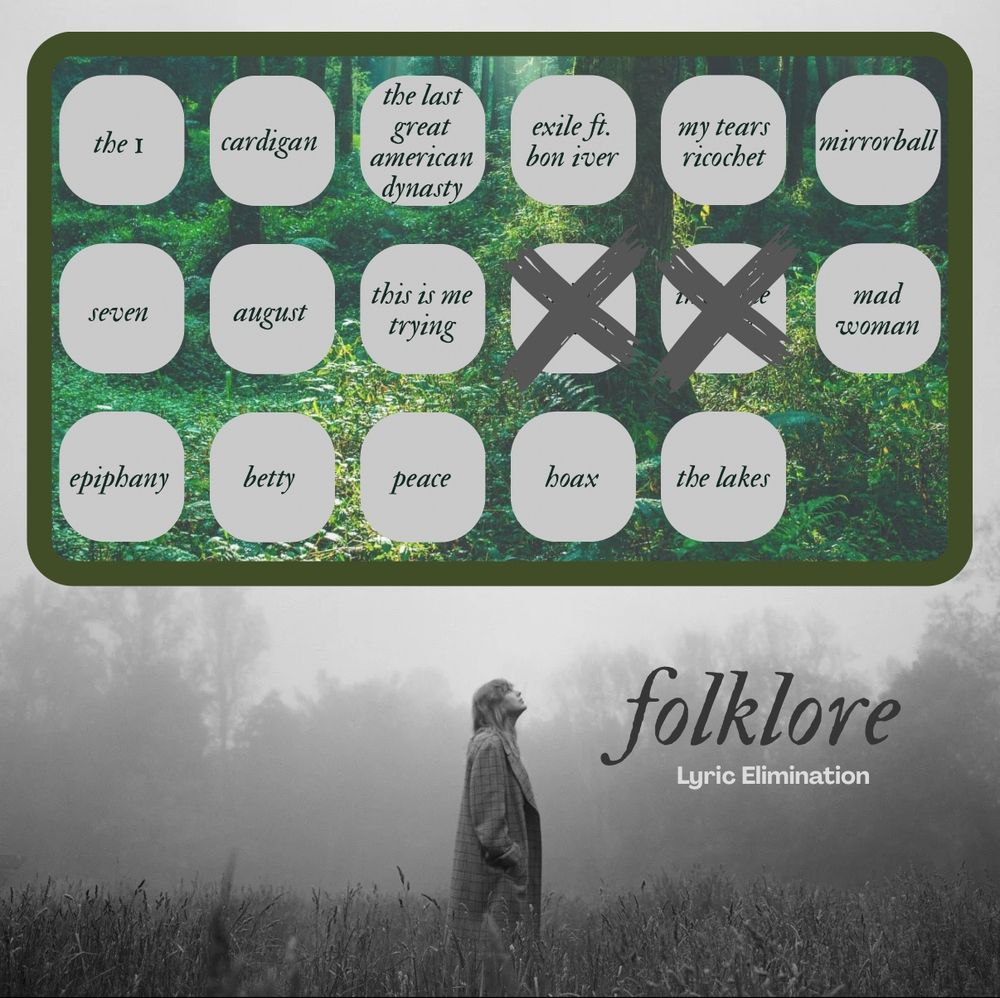 Background is Taylor from the folklore photoshoot. Black & white photo where she’s standing in a field looking up.

The top half of the image is a green box with a forest background. Inside the box are 17 text bubbles, each with a song title from the album folklore (3 rows).

Row 1: the 1, cardigan, the last great American dynasty, exile ft bon iver, my tears ricochet, mirrorball
Row 2: seven, August, this is me trying, illicit affairs, invisible string, mad woman
Row 3: epiphany, betty, peace, hoax, the lakes

Bottom right, text reads: “Folklore lyric elimination”

Eliminated songs are marked with an “x”:
invisible string
illicit affairs