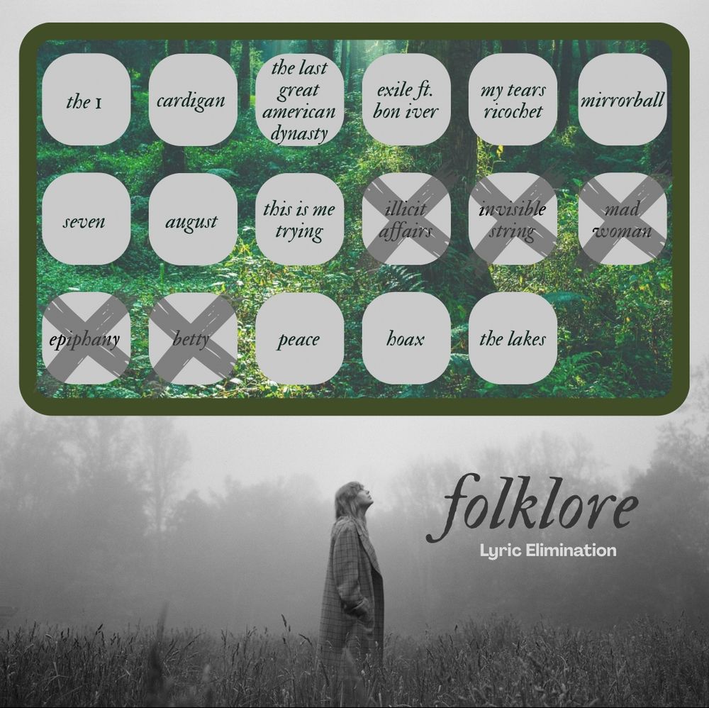 Background is Taylor from the folklore photoshoot. Black & white photo where she’s standing in a field looking up.

The top half of the image is a green box with a forest background. Inside the box are 17 text bubbles, each with a song title from the album folklore (3 rows).

Row 1: the 1, cardigan, the last great American dynasty, exile ft bon iver, my tears ricochet, mirrorball
Row 2: seven, August, this is me trying, illicit affairs, invisible string, mad woman
Row 3: epiphany, betty, peace, hoax, the lakes

Bottom right, text reads: “Folklore lyric elimination”

Eliminated songs are marked with an “x”:
invisible string
illicit affairs
betty
mad woman
epiphany 