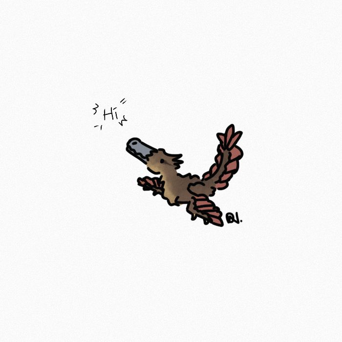 A little brown Velociraptor looks up at the word ‘Hi’