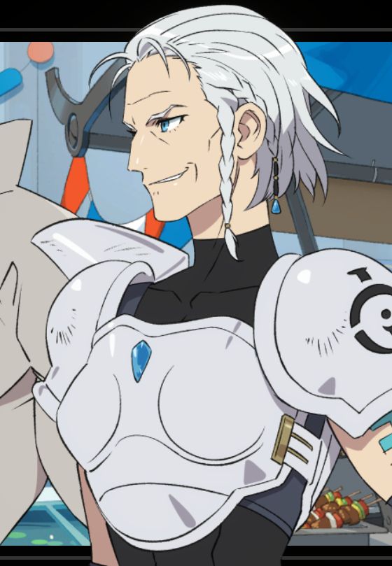 Val from Battle Suit Aces. She has short, white hair with a braid at one side. She wears armor on her chest over a tight black top. 