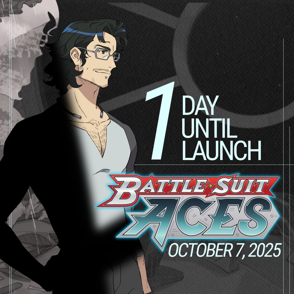 Captain Heathcliff has shiny black hair and a thin mustache and goatee. His baseball-style t-shirt is cut open at the neckline, revealing a bit of his chest. He wears glasses. His hand is on his hip. The text reads "1 day until launch. Battle Suit Aces. October 7th, 2025."