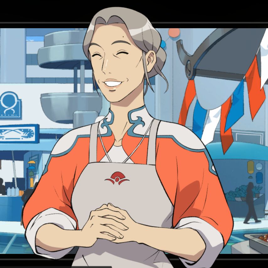 Tonsha from Battle Suit Aces. She has a delightful smile and closed eyes. Her grey hair is gathered neatly into a bun at the back of her head.