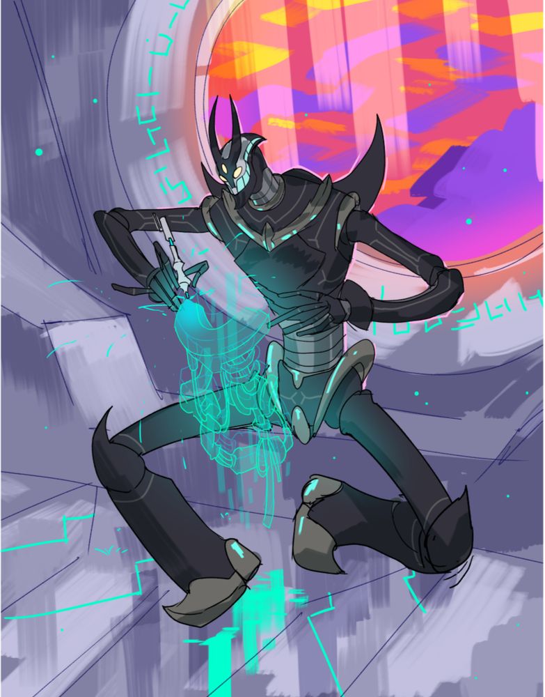 Falcon's suit. It has long limbs and is crafting something. It is black and grey and has long horns on its head.