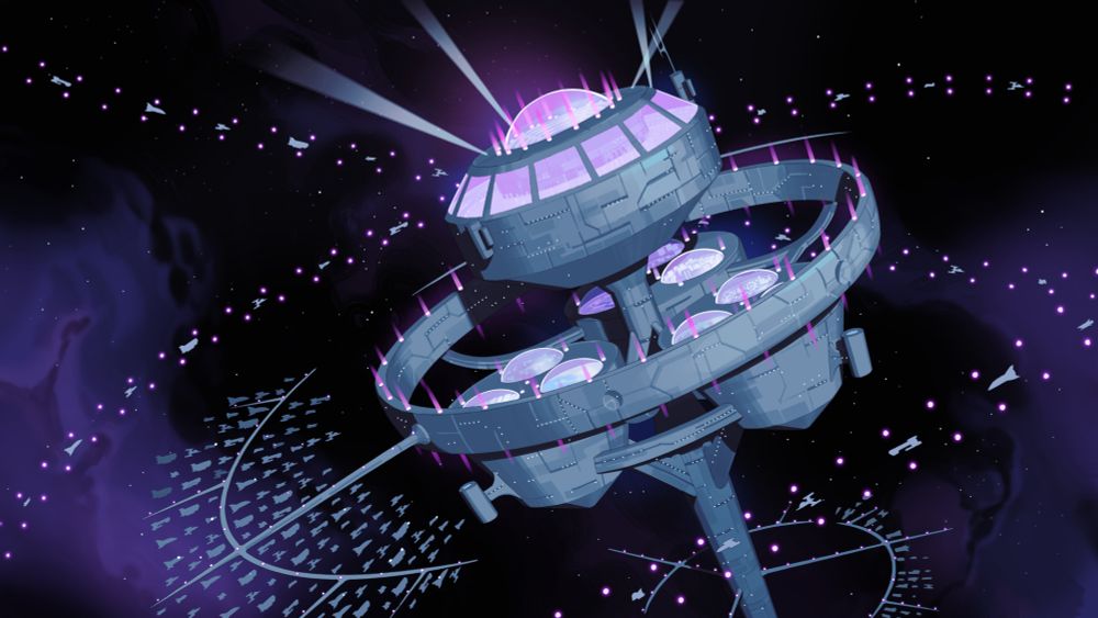 A space station, grey with purple lights, floats among the stars.