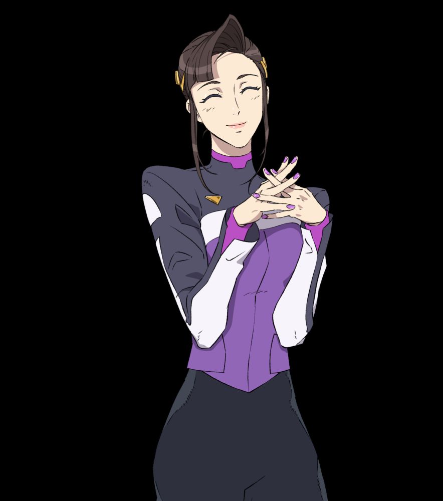 Hanako blushing with her hands steepled in front of her. She is smiling bigly. She often makes this face at her girlfriend, Nishi.