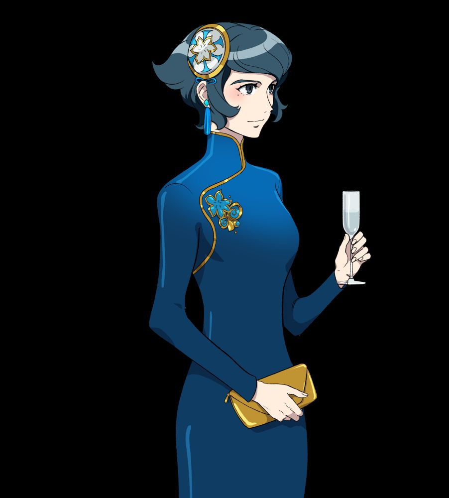 Yan in a beautiful traditional dress, dark blue with gold and lighter blue accents. She has a gold clutch purse and is holding a glass of champagne.